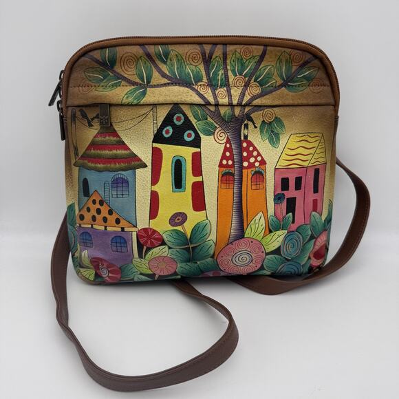 Anuschka Crossbody Bag Womens Purse Hand Painted Leather RFID Organizer Houses - Picture 1 of 16